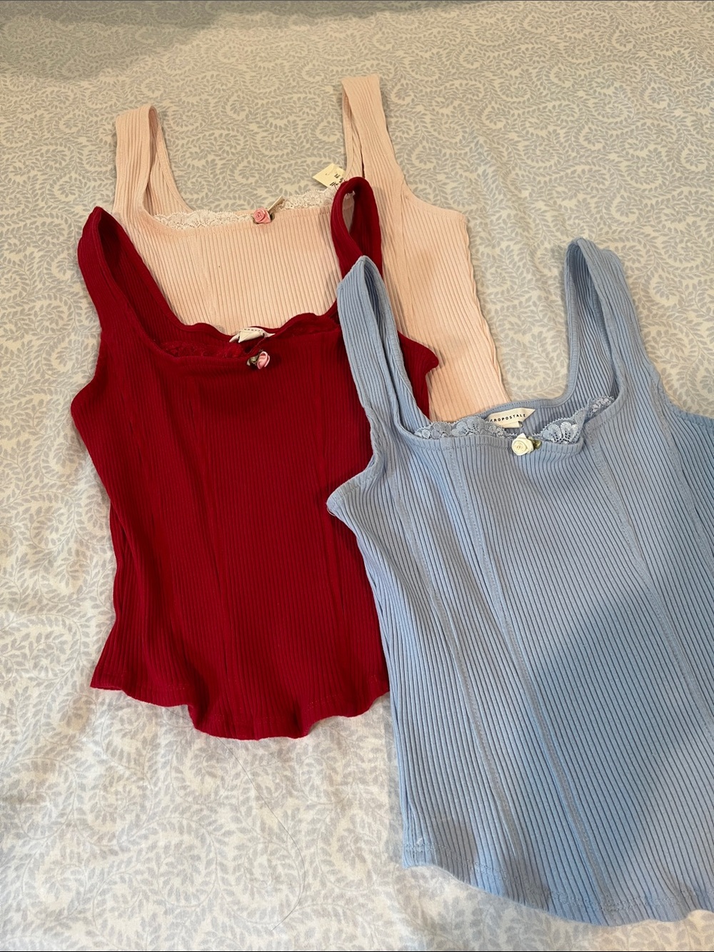 Aeropostale Ribbed Square set of 3-Neck Tank Tops - Red, Light Pink, Light Blue - Picture 4 of 5